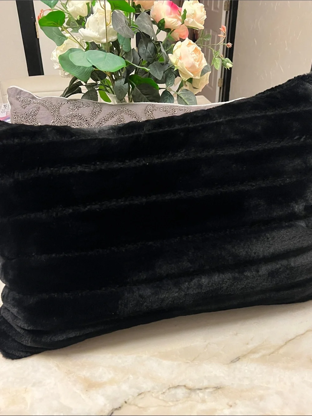2 Decorative Throw Pillows: High-end, Gorgeous! Beaded Silver-Gray & Black “Fur”